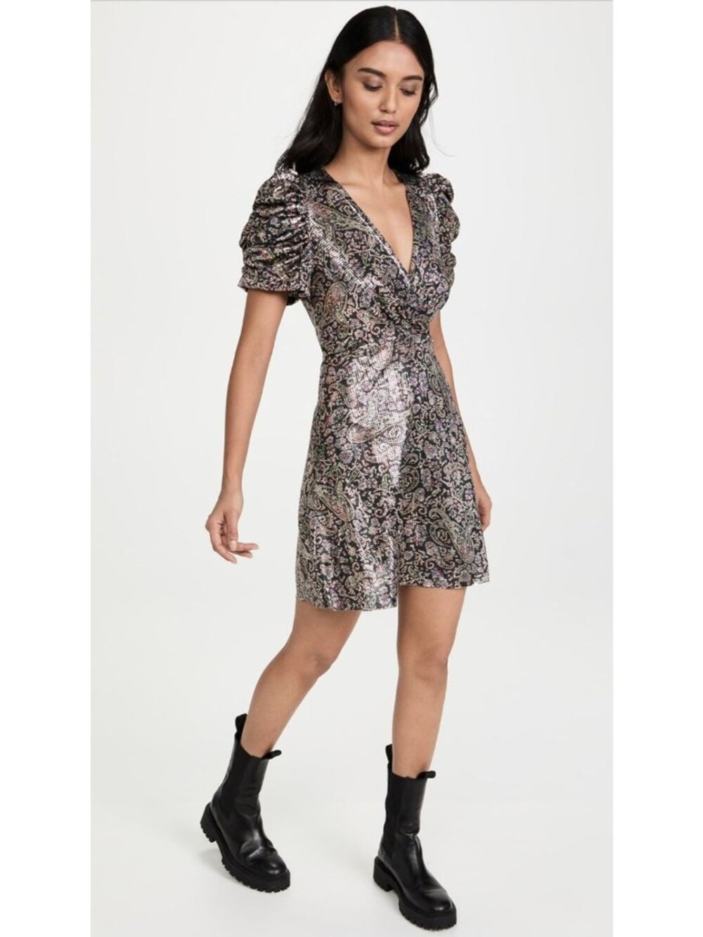 BA&SH Gala Metallic Paisley Mini Dress Ruched Puff Sleeve Party Size 0